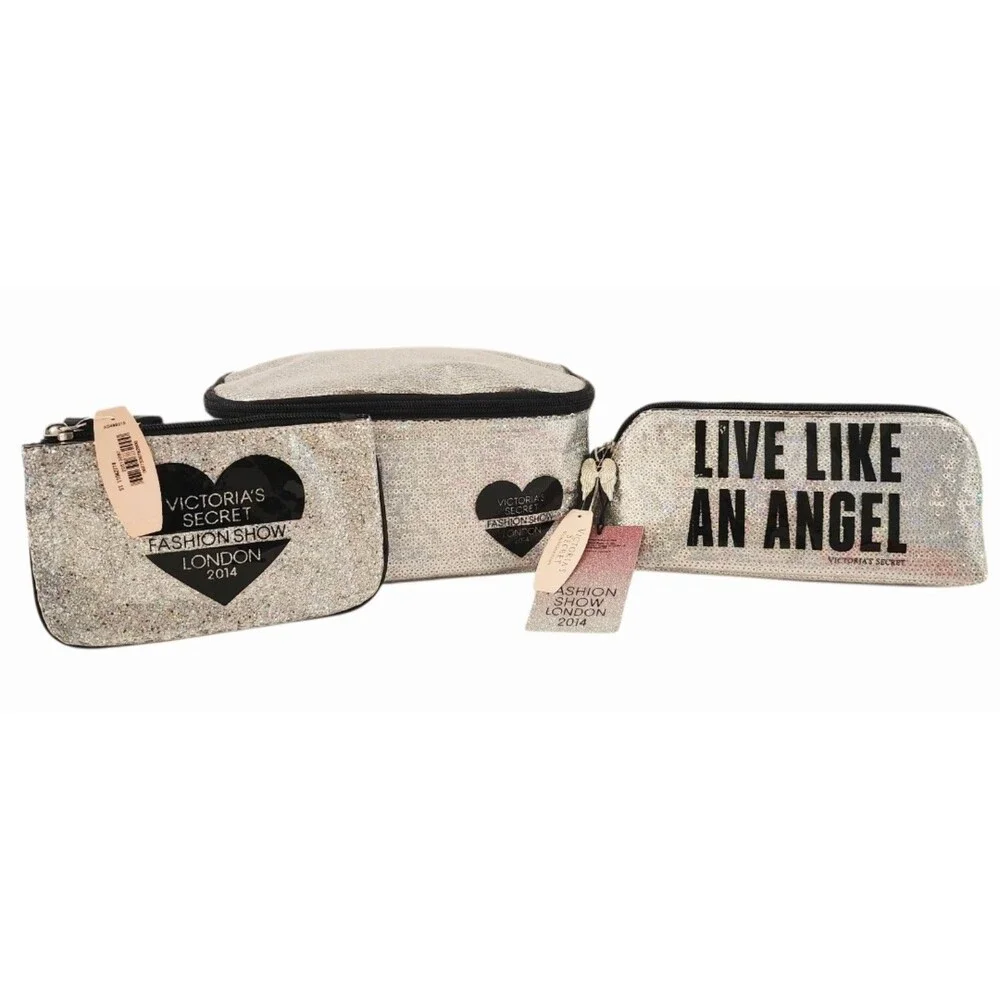 3pc VICTORIA SECRET MAKEUP TRAIN CASE cosmetic bag LIKE AN ANGEL pencil case NEW